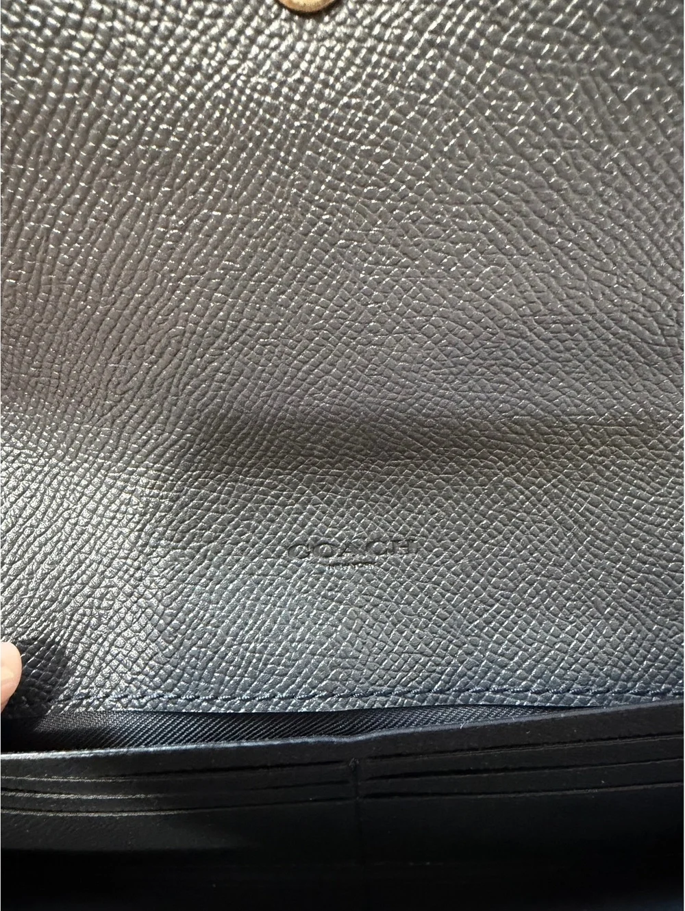 Coach Navy Leather Wallet with Multiple Card Slots and Zippered Compartments